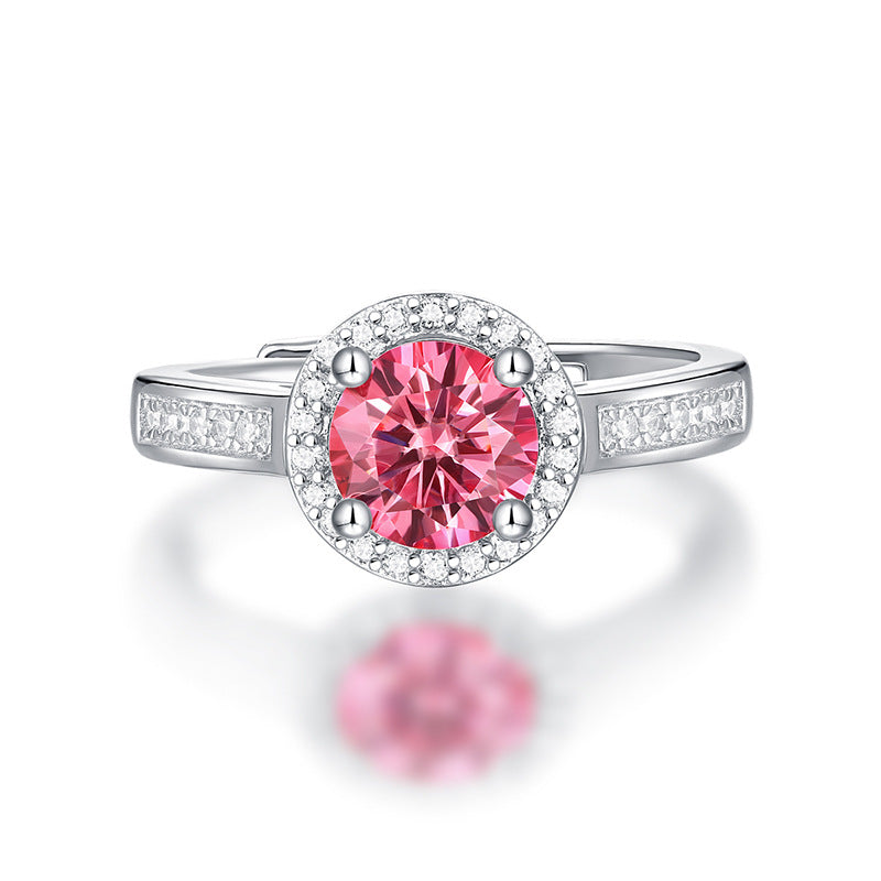 Women Pink Round Moissanite CZ 925 Sterling Silver Adjustable Ring