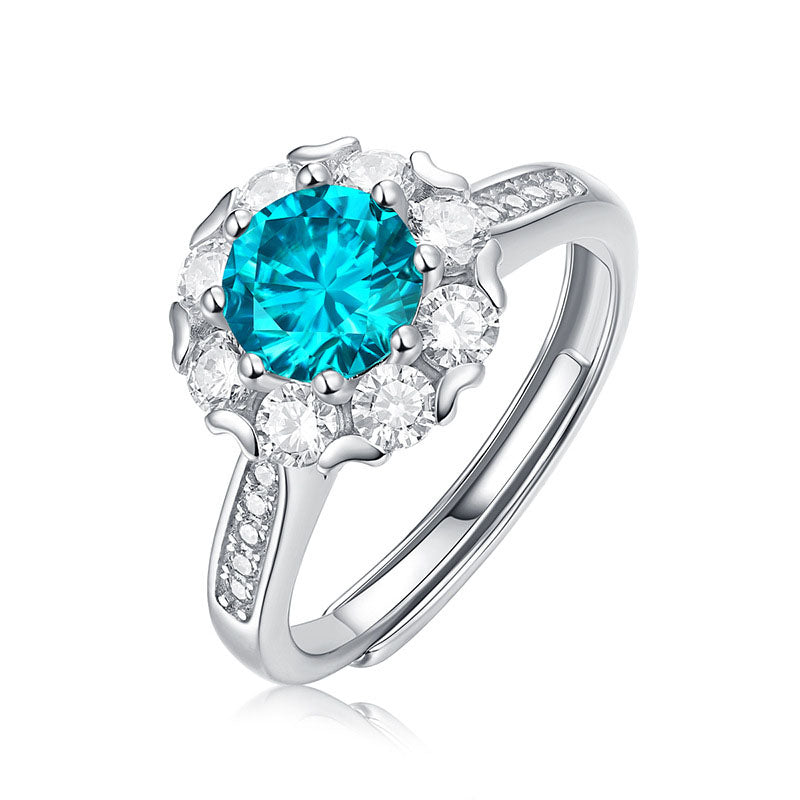 Blue Round Moissanite CZ Flower 925 Sterling Silver Adjustable Ring