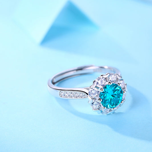 Blue Round Moissanite CZ Flower 925 Sterling Silver Adjustable Ring