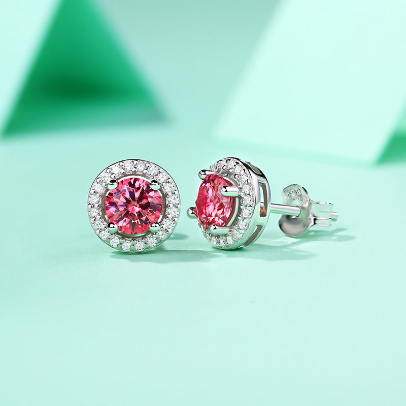 Youthful Pink Round Moissanite CZ 925 Sterling Silver Stud Earrings
