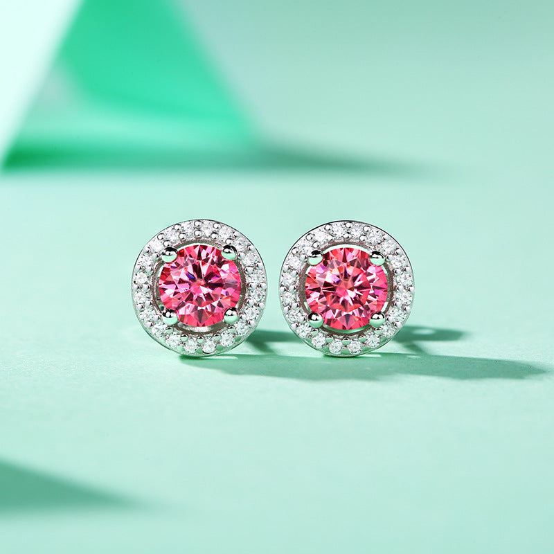 Youthful Pink Round Moissanite CZ 925 Sterling Silver Stud Earrings