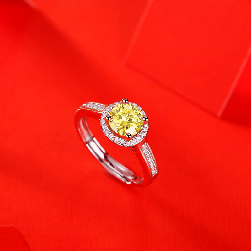 Yellow Round Moissanite CZ 925 Sterling Silver Adjustable Ring