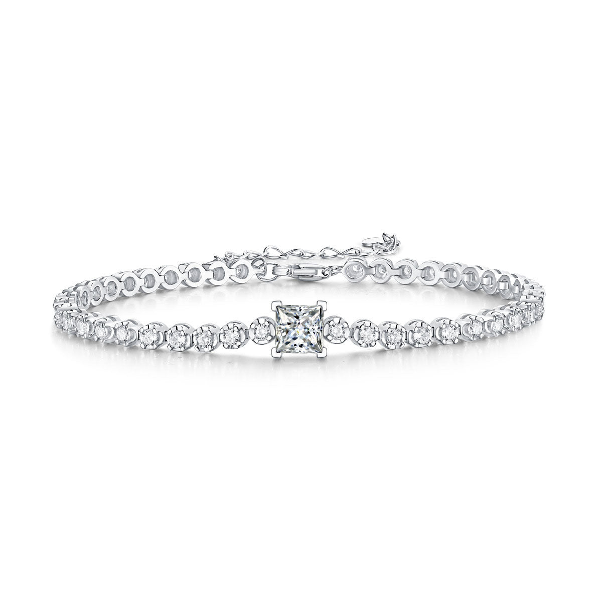 Square Moissanite Round CZ Chain 925 Sterling Silver Bracelet