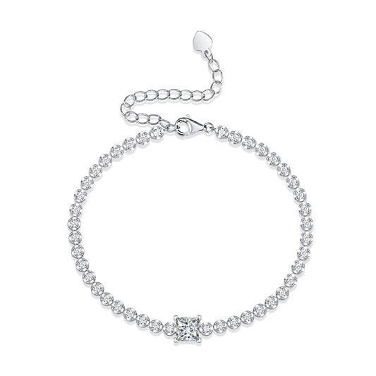 Square Moissanite Round CZ Chain 925 Sterling Silver Bracelet
