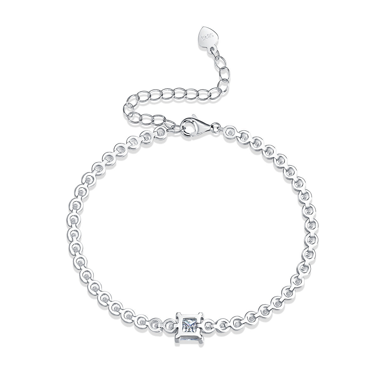 Square Moissanite Round CZ Chain 925 Sterling Silver Bracelet