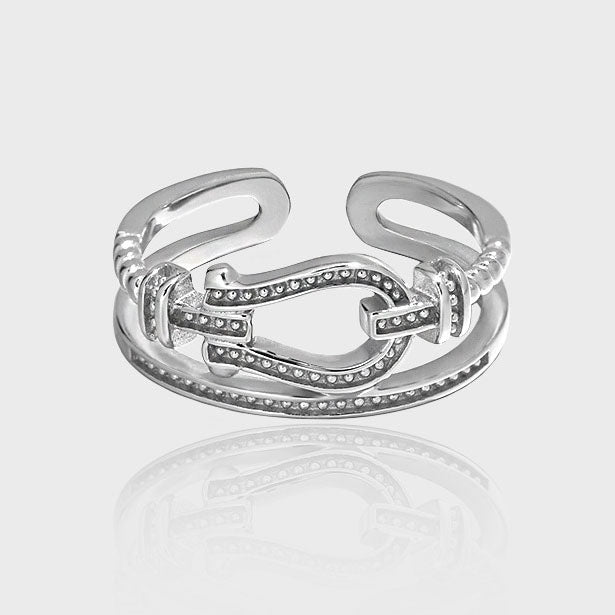 Vintage Double Layers Rivet Belt Buckle 925 Sterling Silver Adjustable Ring