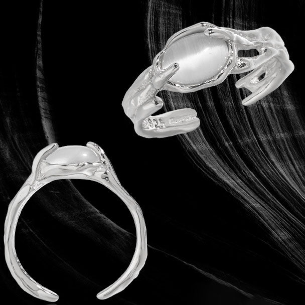 Casual Oval Natural Cat's Eye Irregular 925 Sterling Silver Adjustable Ring