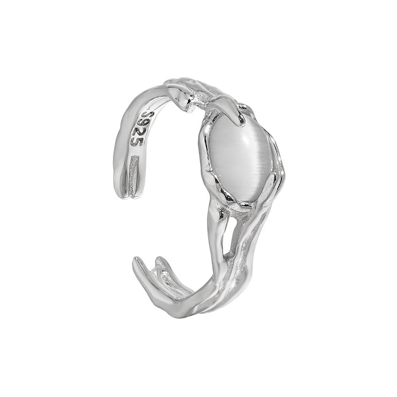 Casual Oval Natural Cat's Eye Irregular 925 Sterling Silver Adjustable Ring