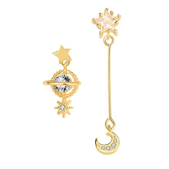 Asymmetry CZ Planet Crescent Moon Star 925 Sterling Silver Dangling Earrings