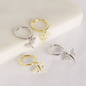 Insect Flying Dragonfly 925 Sterling Silver Hoop Earrings